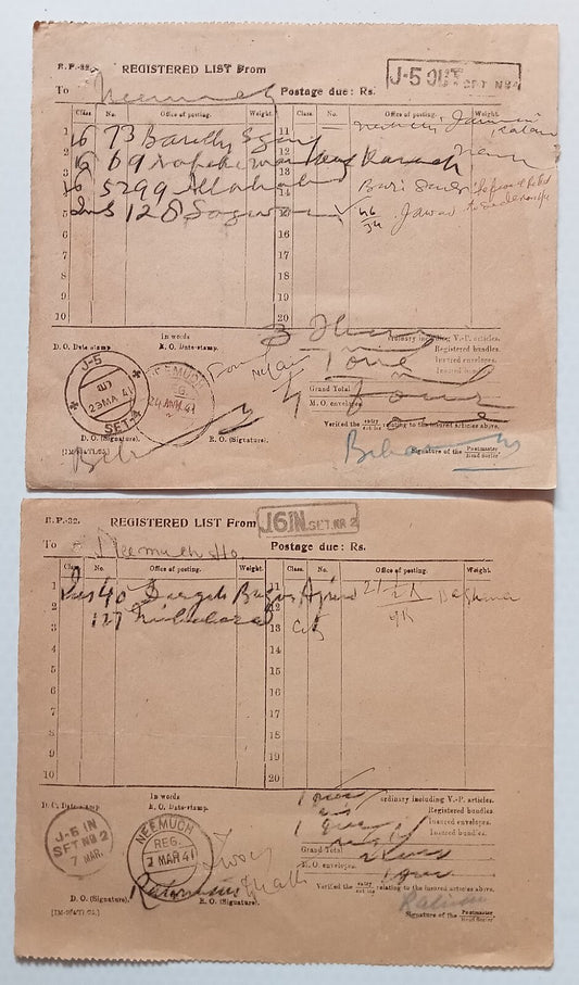 AOP India 1941 postal documents REGISTERED LIST & POSTAGE DUE with TPO postmarks