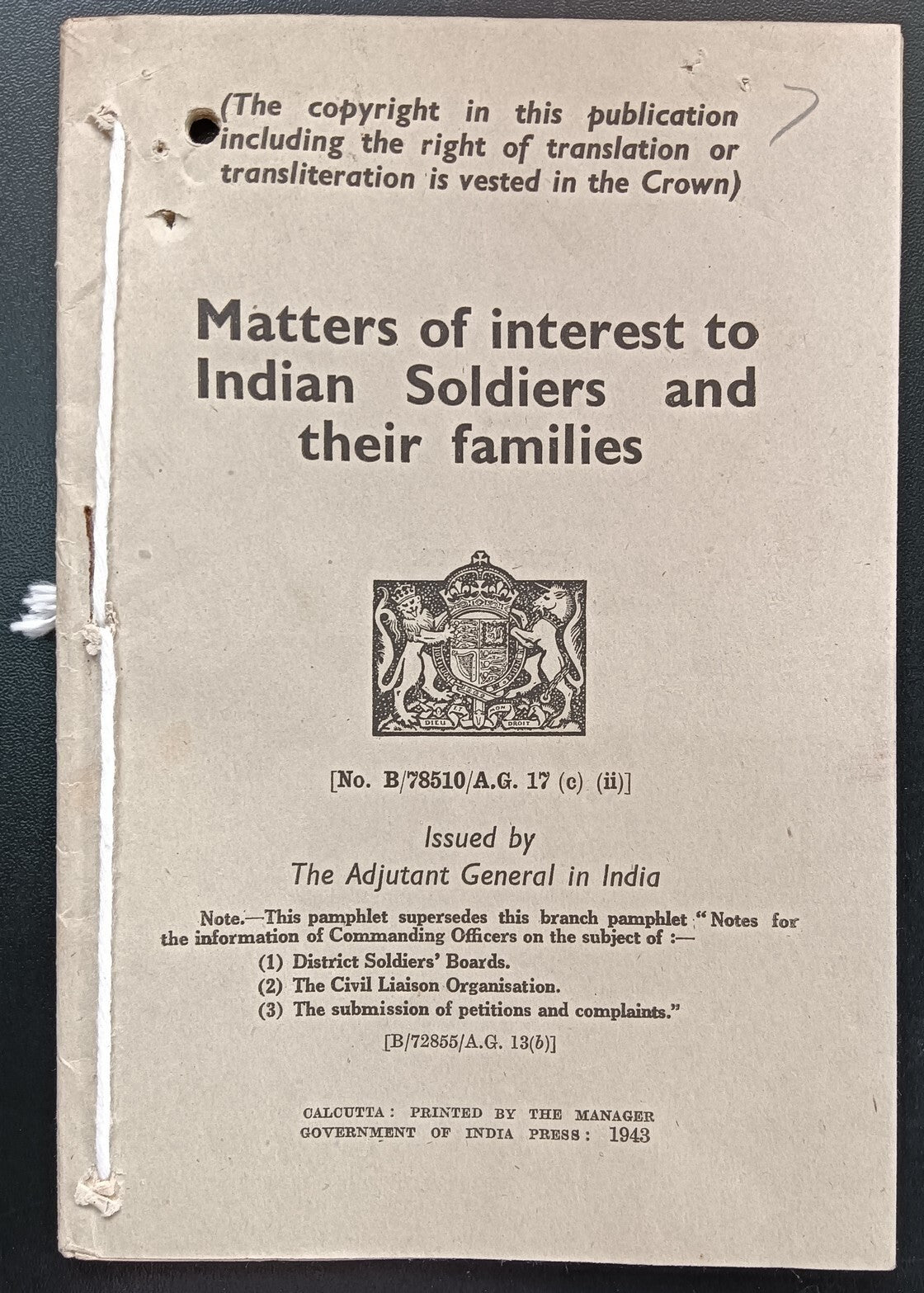 India 1943 MATTERS OF INTEREST TO INDIAN SOLDIERS Government publication