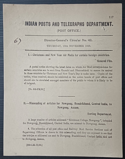 India POSTAL NOTICE 13 Nov 1930 Christmas & New Year Air Mails + CIRCULAR NO. 42