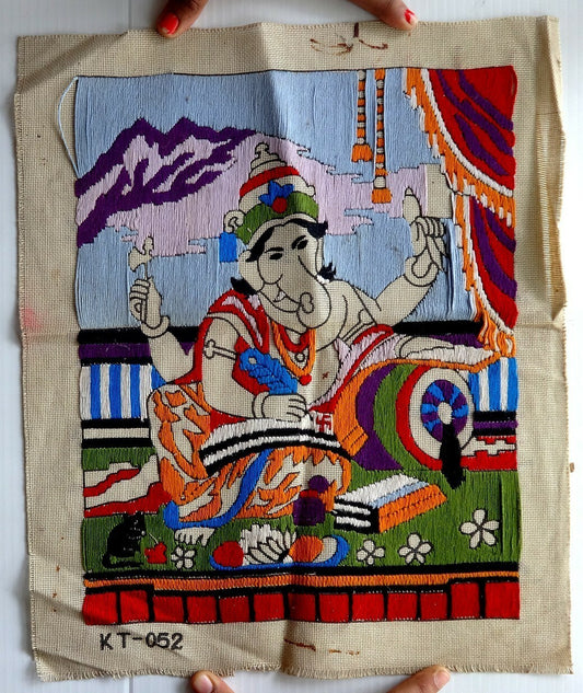 India hand stitched Ganesha on cloth 28 x 34cm