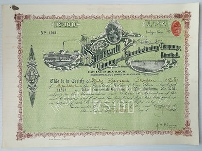 AOP India 1921 SARASWALI GINNING & MANUFACTURING Co. Ltd share certificate