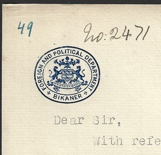 India FOREIGN & POLITICAL DEPARTMENT * BIKANER 1928 crested letter