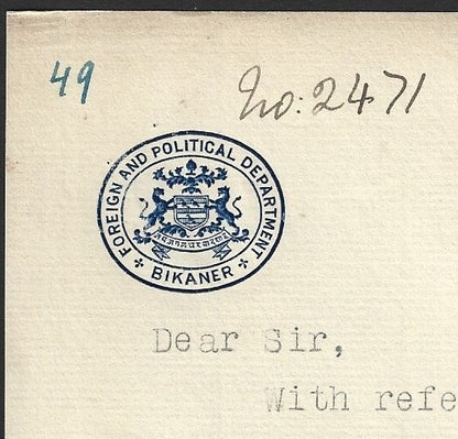 India FOREIGN & POLITICAL DEPARTMENT * BIKANER 1928 crested letter