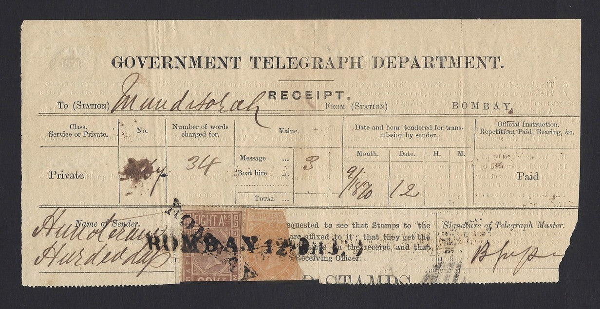 India Sept 1870 Telegraph receipt with QV stamps