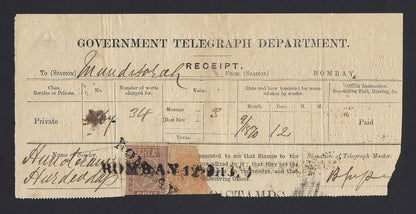 India Sept 1870 Telegraph receipt with QV stamps