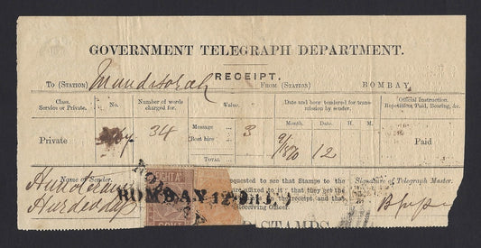 India Sept 1870 Telegraph receipt with QV stamps
