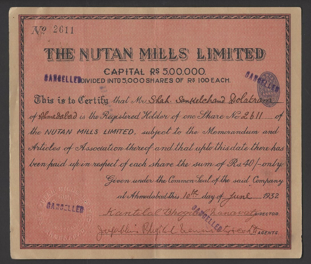 India 1932 Nutan Mills share certificate