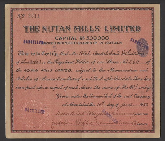 India 1932 Nutan Mills share certificate