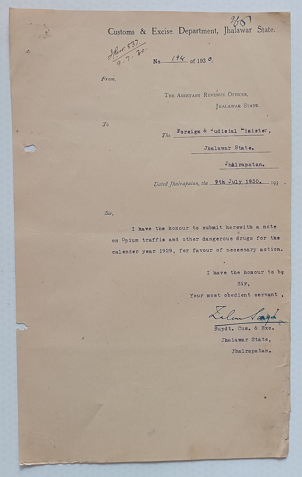 AOP India Official correspondence - OPIUM & OTHER DANGEROUS DRUG 1929-30