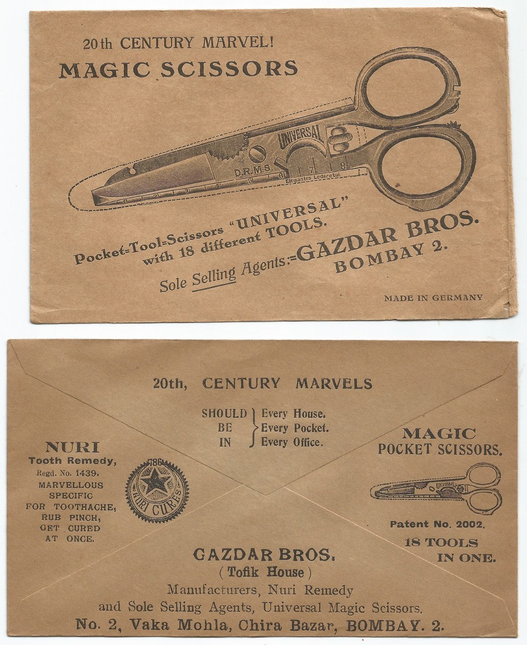 India 1930s adverizements for Scissors & 786 Tooth Cure on envelopes & cards x 4