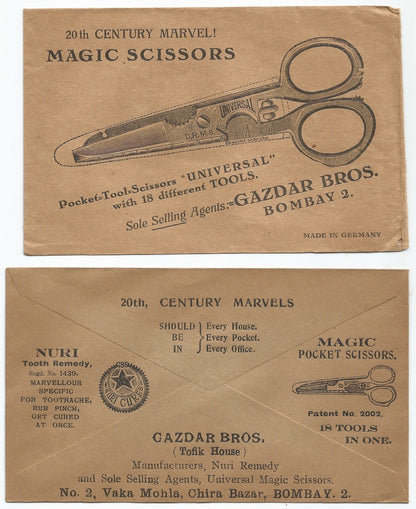 India 1930s adverizements for Scissors & 786 Tooth Cure on envelopes & cards x 4