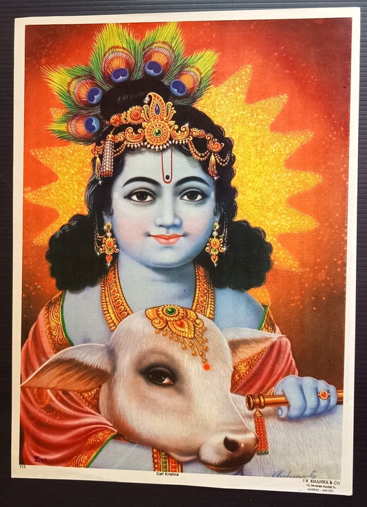 India Gods vintage poster Calf & Krishna 9.5"x13" inches by J. B. Khanna