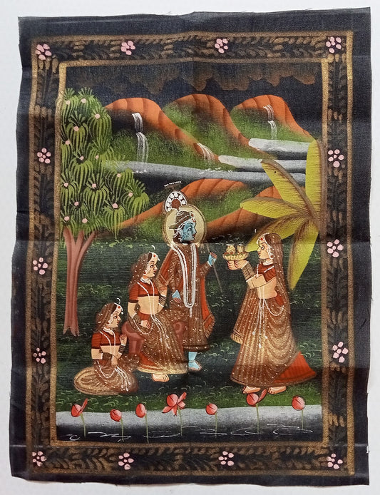 India vintage hand painting on cloth RADHA, KRISHNA & 2 GOPIS 8 x 12 inches
