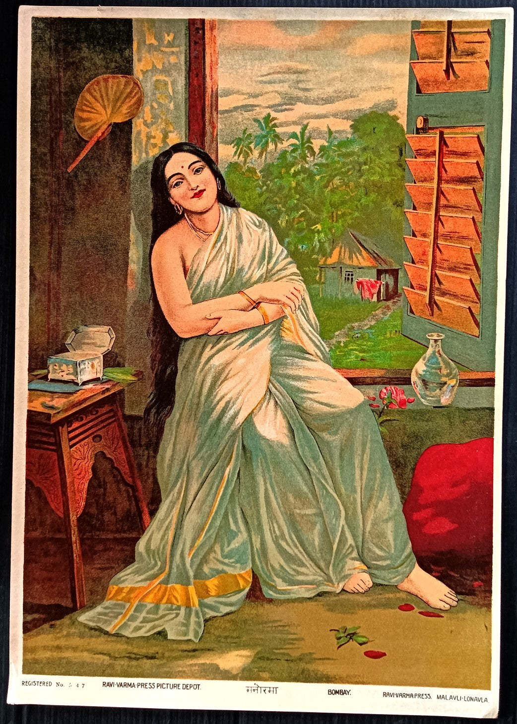 India vintage oleograph litho poster MANORAMA 10"x 14" inches by Ravi Varma