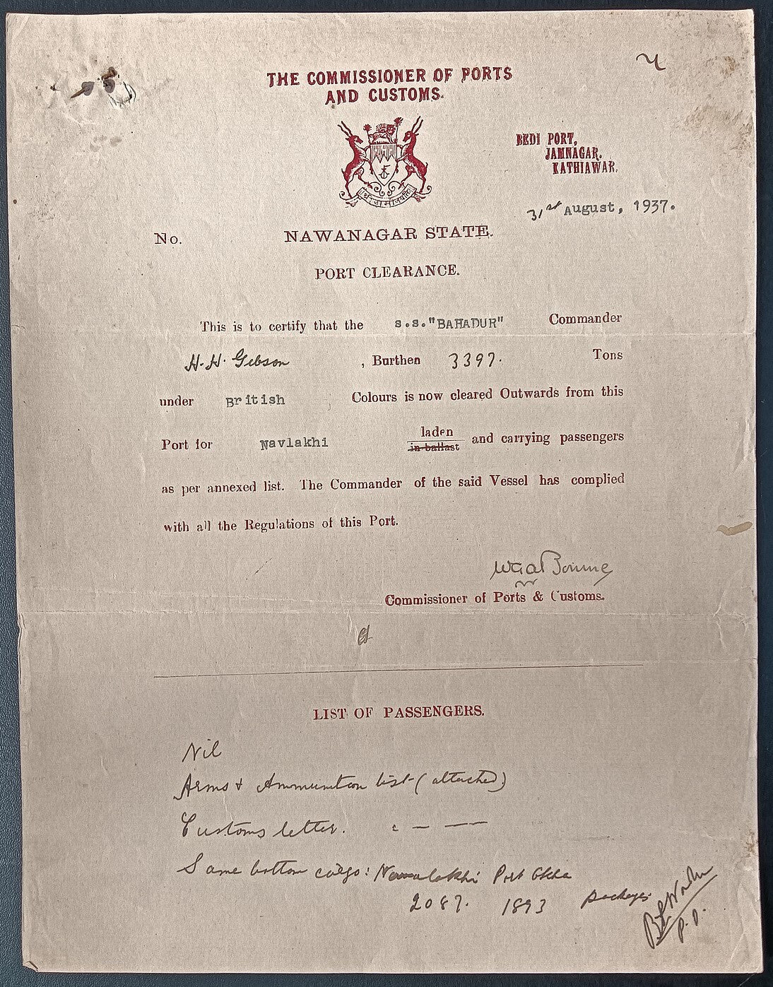 India Navlakhi Port, Morvi 1937 outgoing ship Port Clearance S.S.BAHADUR