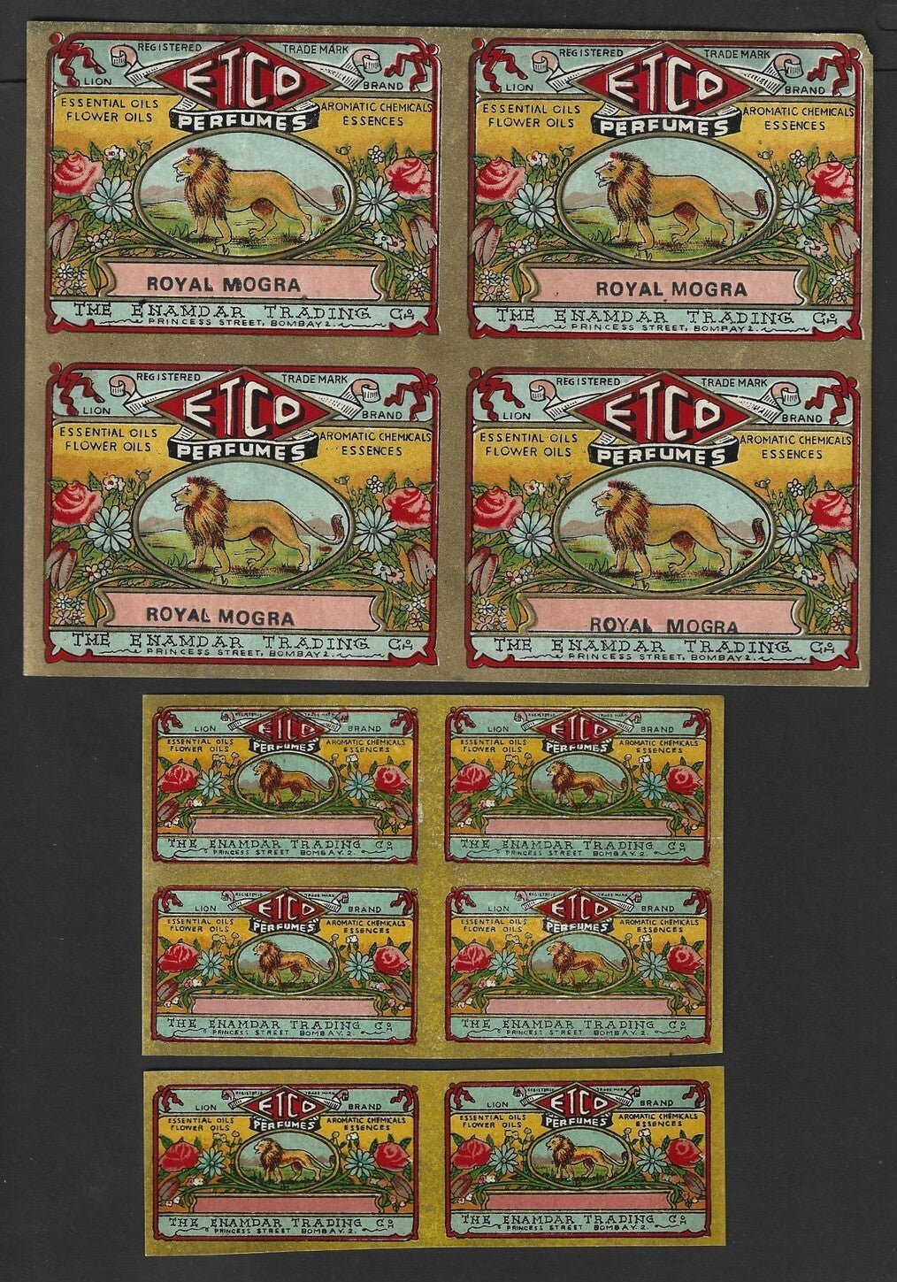 India vintage textile uncut Perfume labels Etco , Bombay - LION (10)