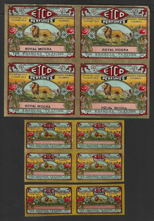 India vintage textile uncut Perfume labels Etco , Bombay - LION (10)