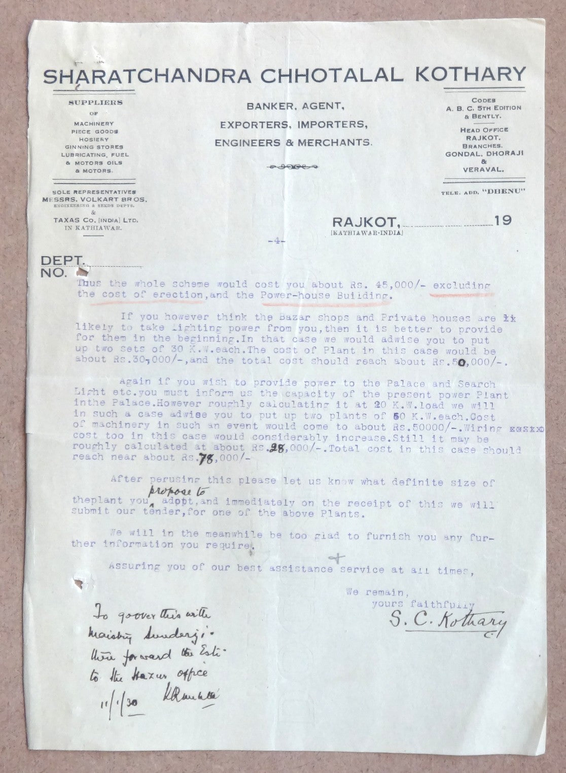 India 1930 Rajkot designs & letters re: introduction of Electric Street Lighting