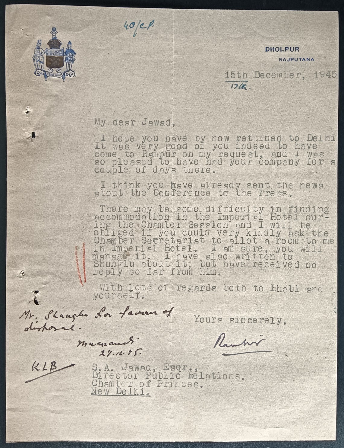 India 1945 bicolour crested letter DHOLPUR STATE