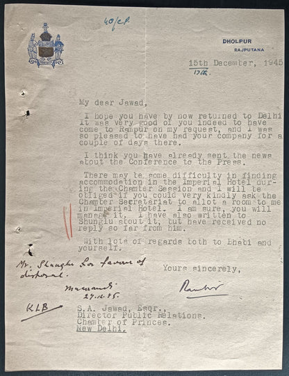 India 1945 bicolour crested letter DHOLPUR STATE