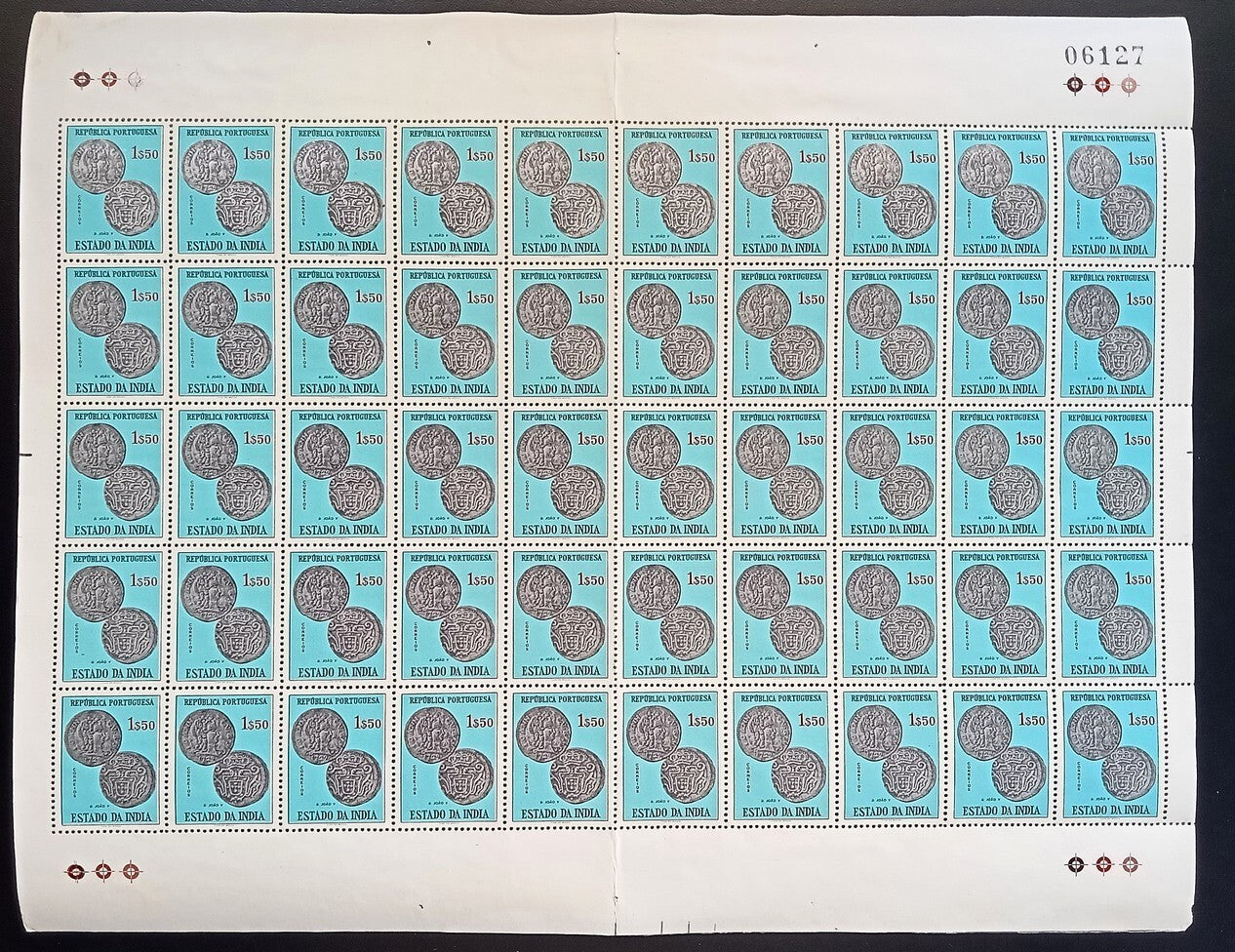 Portuguese India #607 1959 $1.50 sheet of 50 stuck to backing paper