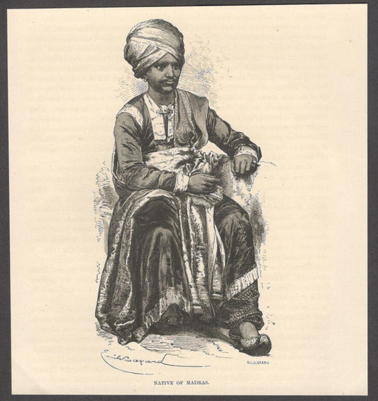 India NATIVE OF MADRAS engraved print ex libris Rousslet 1876 6.5"x6"