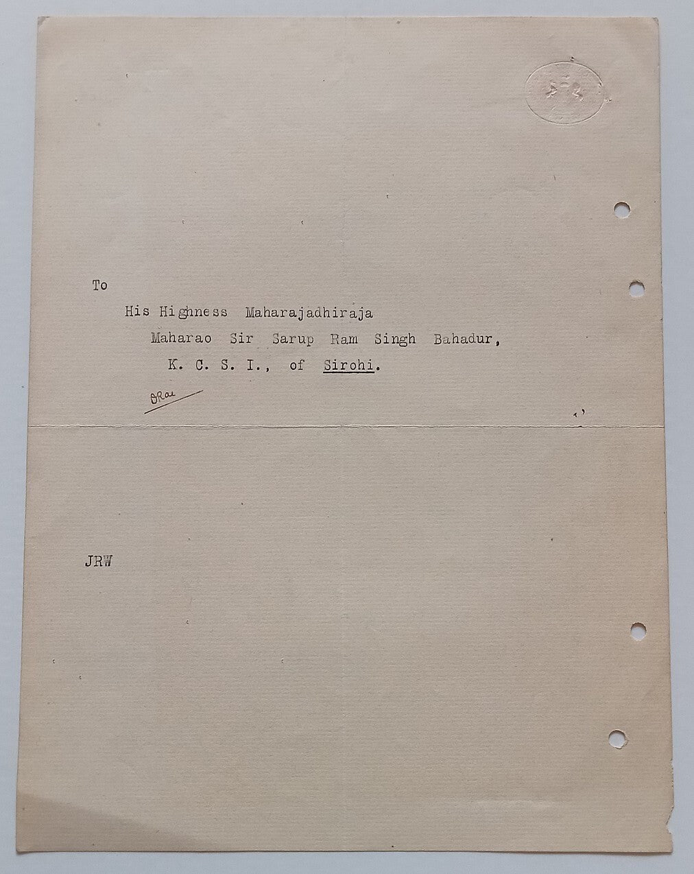 AOP India RAJPUTANA AGENCY signed crested letter to Maharaja of Sirohi
