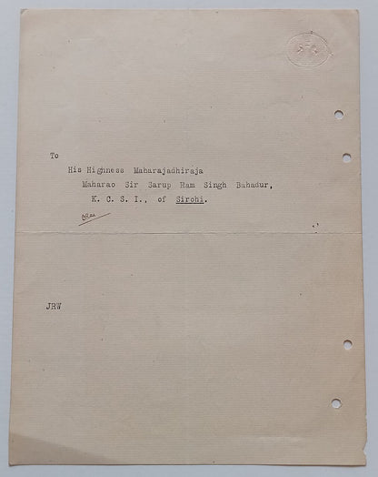 AOP India RAJPUTANA AGENCY signed crested letter to Maharaja of Sirohi
