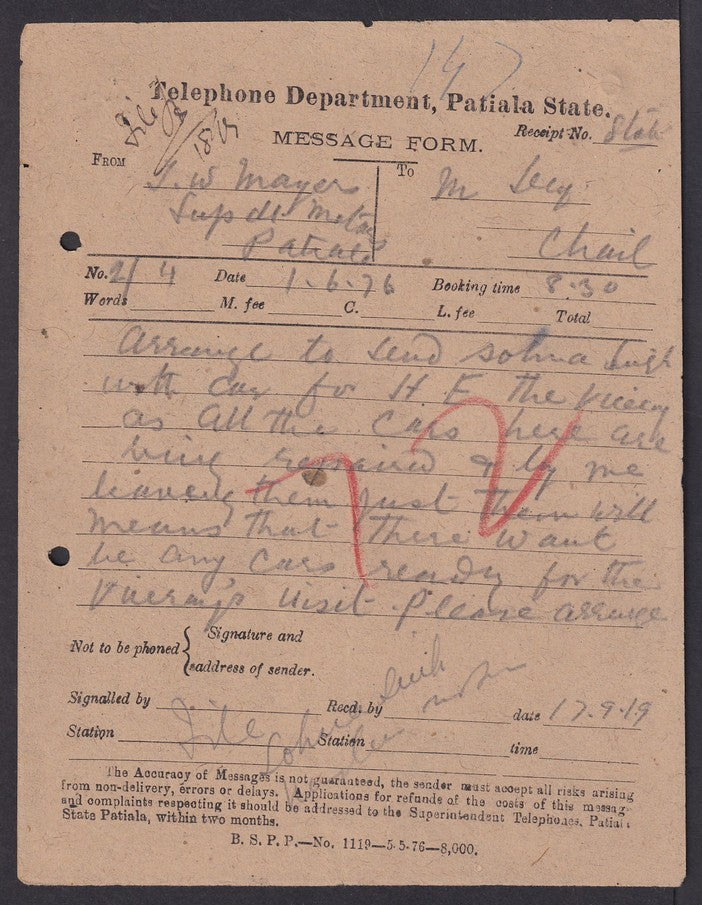 India Patiala State Telephones Department message forms used 1919