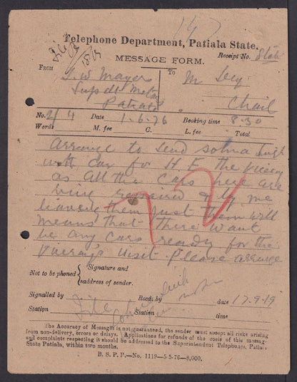 India Patiala State Telephones Department message forms used 1919
