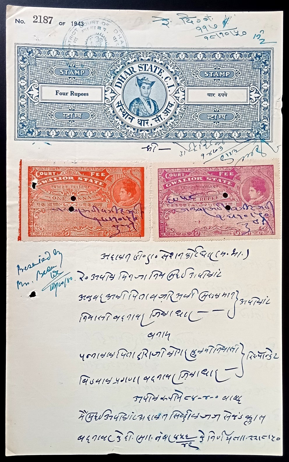 Indian States document with mixed franking DHAR STATE + GWALIOR STATE