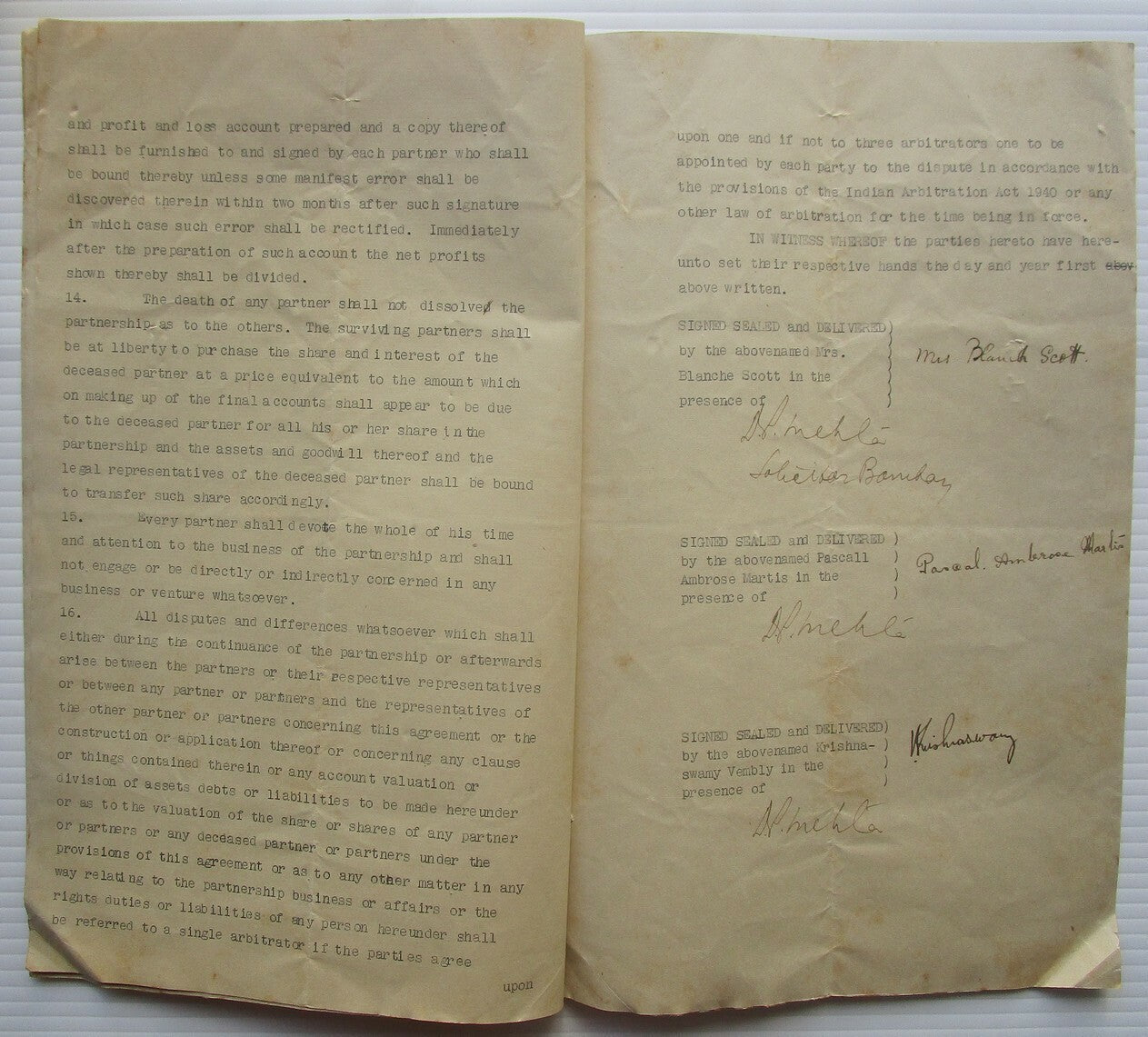 India 1946 Agreement of Partnership document with Special Adhesive KGV 30R