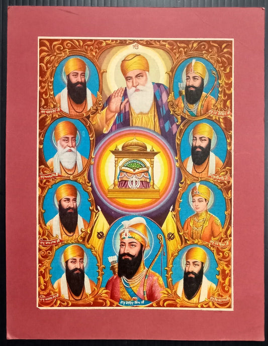 AOPIMT India vintage poster mounter on board GURU NANAK & other SIKH GURUS