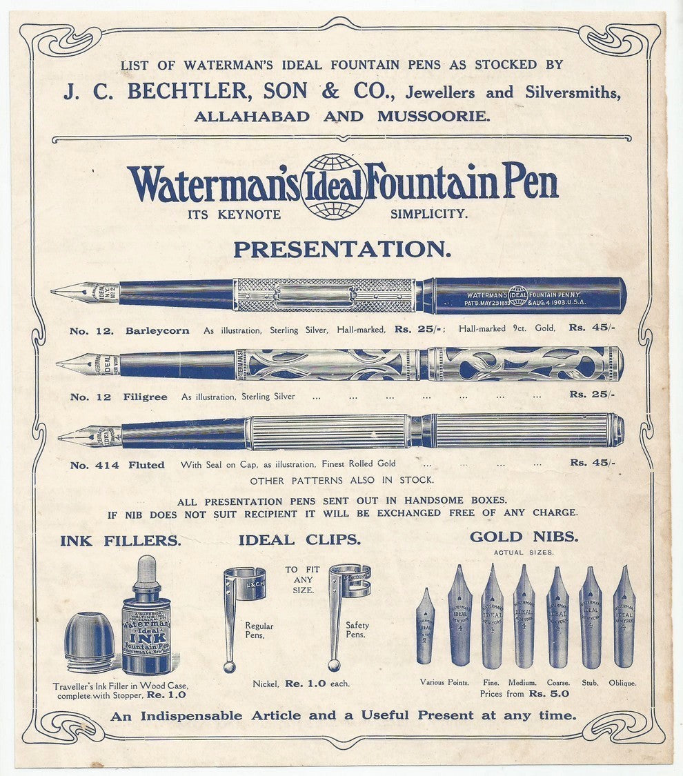 India 1930s-40s illustrated advertisement Waterman’s Fountain Pens