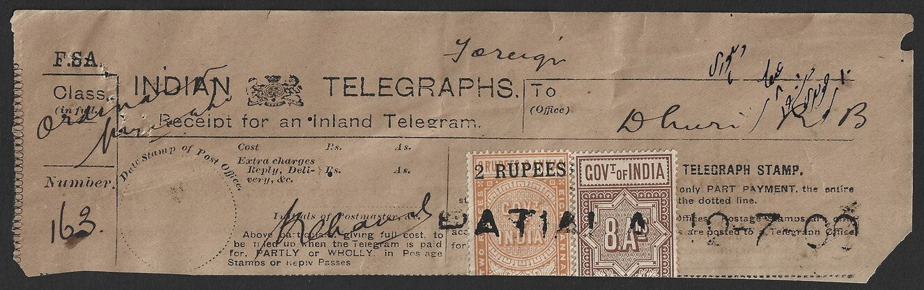 India 1900 Telegraph Telegram receipt with SERIF 2 RUPEES on 2R8a