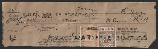 India 1900 Telegraph Telegram receipt with SERIF 2 RUPEES on 2R8a