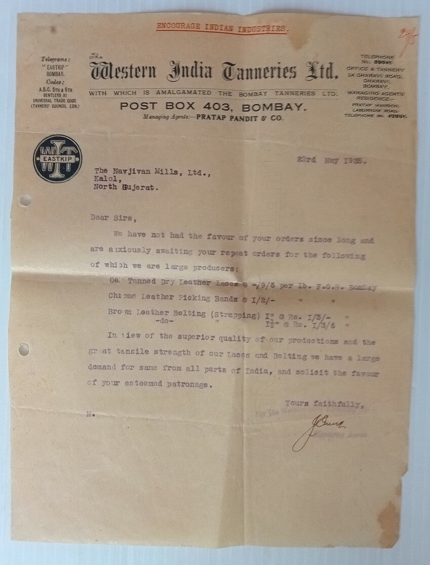 AOP Tanneries ENCOURAGE INDIAN INDUSTRIES Bombay 1935 illus letterhead India