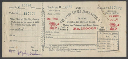 India Jaora State 1926 The Grand Raffle 1R lottery coupon