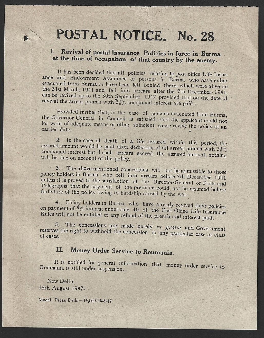 India POSTAL NOTICE #28 18th Aug 1947 Services to Romania & Burma + CIRCULAR #27