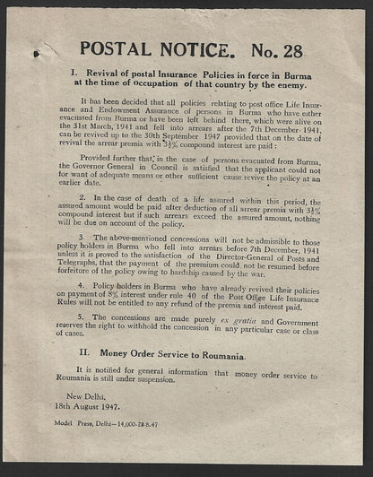 India POSTAL NOTICE #28 18th Aug 1947 Services to Romania & Burma + CIRCULAR #27