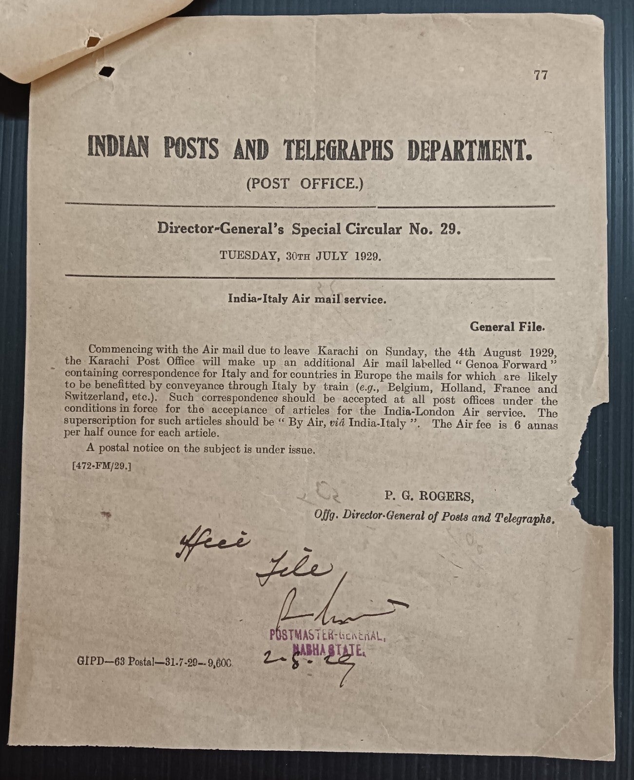 India 1929 POSTAL NOTICE & DG CIRCULAR India Italy Air mail