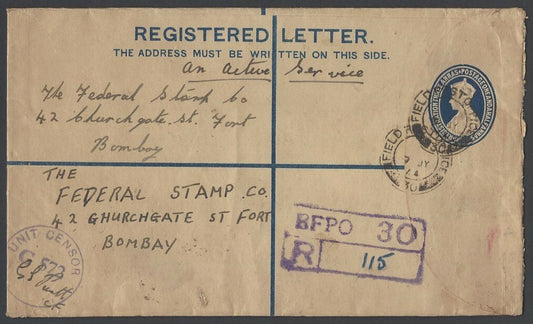 India WW2 KGVI registered envelope used British Army BFPO 30