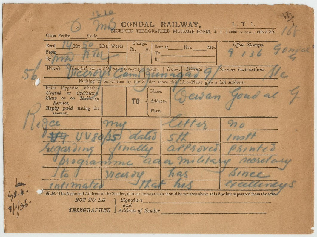 India 1936 Viceroy’s Camp Junagadh OSD telegram etc