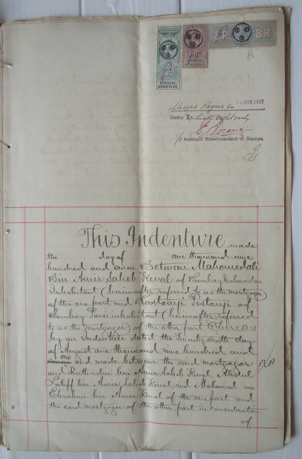 India 1907 Deed of Charge document with Special Adhesive QV 8R & KEdVII 10R, 50R