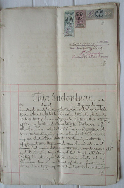 India 1907 Deed of Charge document with Special Adhesive QV 8R & KEdVII 10R, 50R