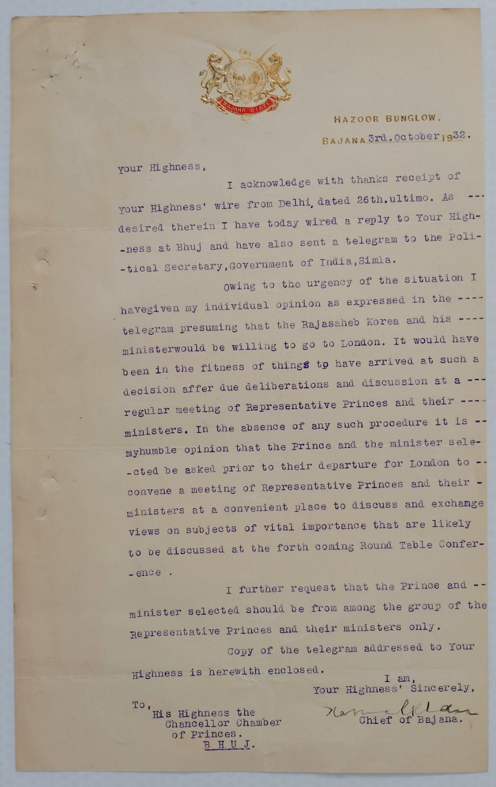 India 1932 multicolour crested letter signed CHIEF OF BAJANA Haidar Khan