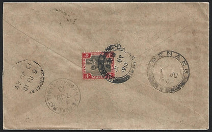 FMS 4c bicolor on 1910 decorated cover KUALA LUMPUR to India via PENANG