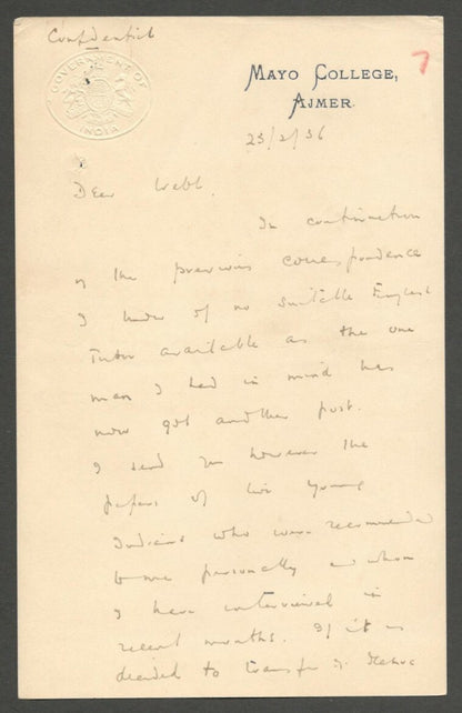 AOP India 1936 letter with embossed GOI crest MAYO COLLEGE, AJMER 