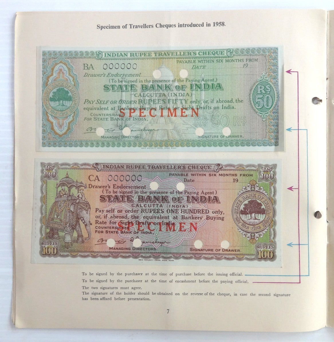 State Bank of India 1964 SPECIMEN Cheques (4) in folder