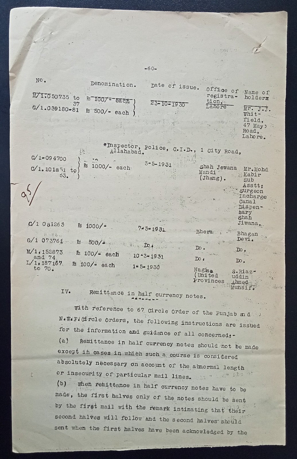 India 1931 PG'S POSTAL CIRCULAR List of convicted Postal Official & their crimes